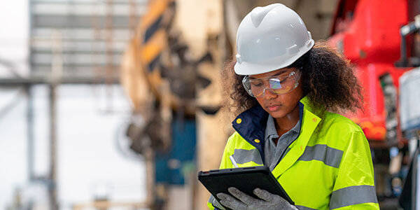 A female engineer is working at a factory and examining machinery facility by a digital tablet.