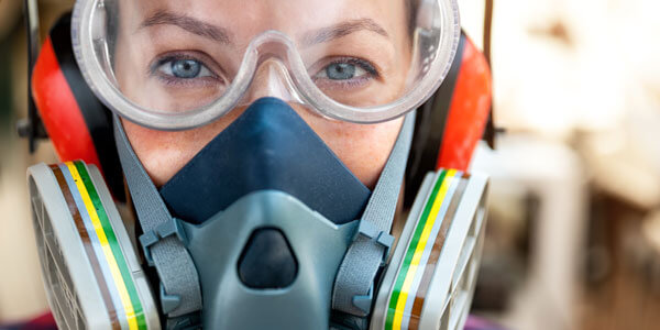 Female employee wearing a respirator, ear protection, and safety goggles, following safety protocols in a hazardous work environment.