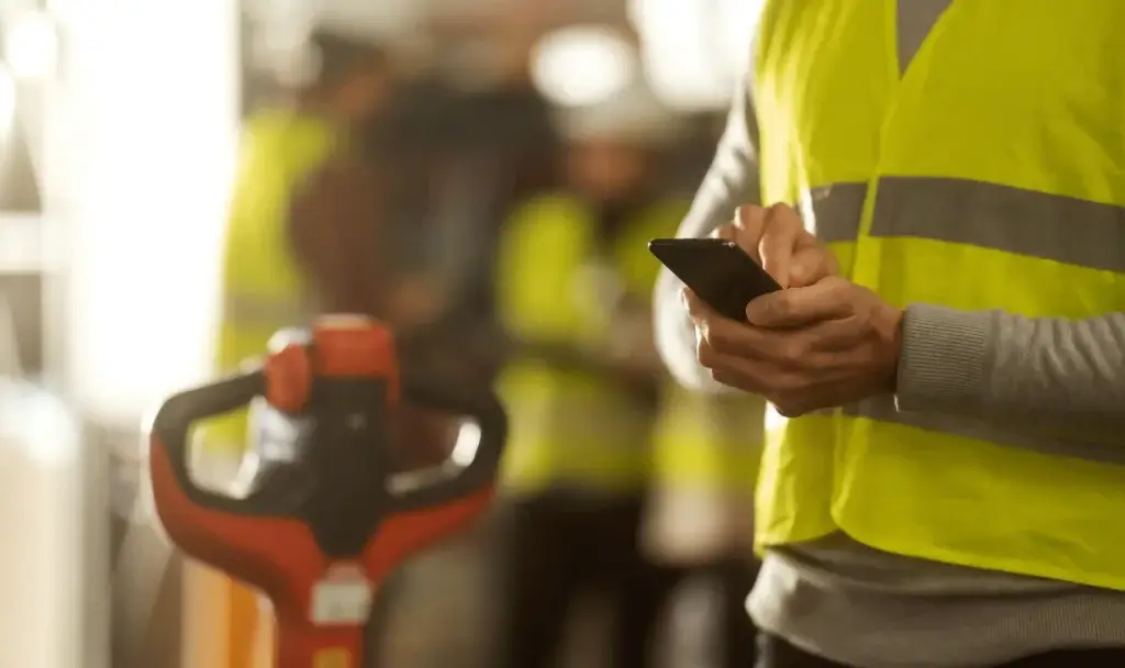 Warehouse worker in safety vest using smartphone to manage inventory