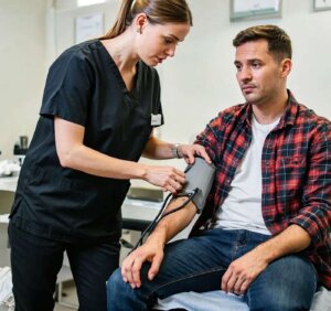 clinic scope of care occupational health nurse taking patient blood pressure at onsite clinic