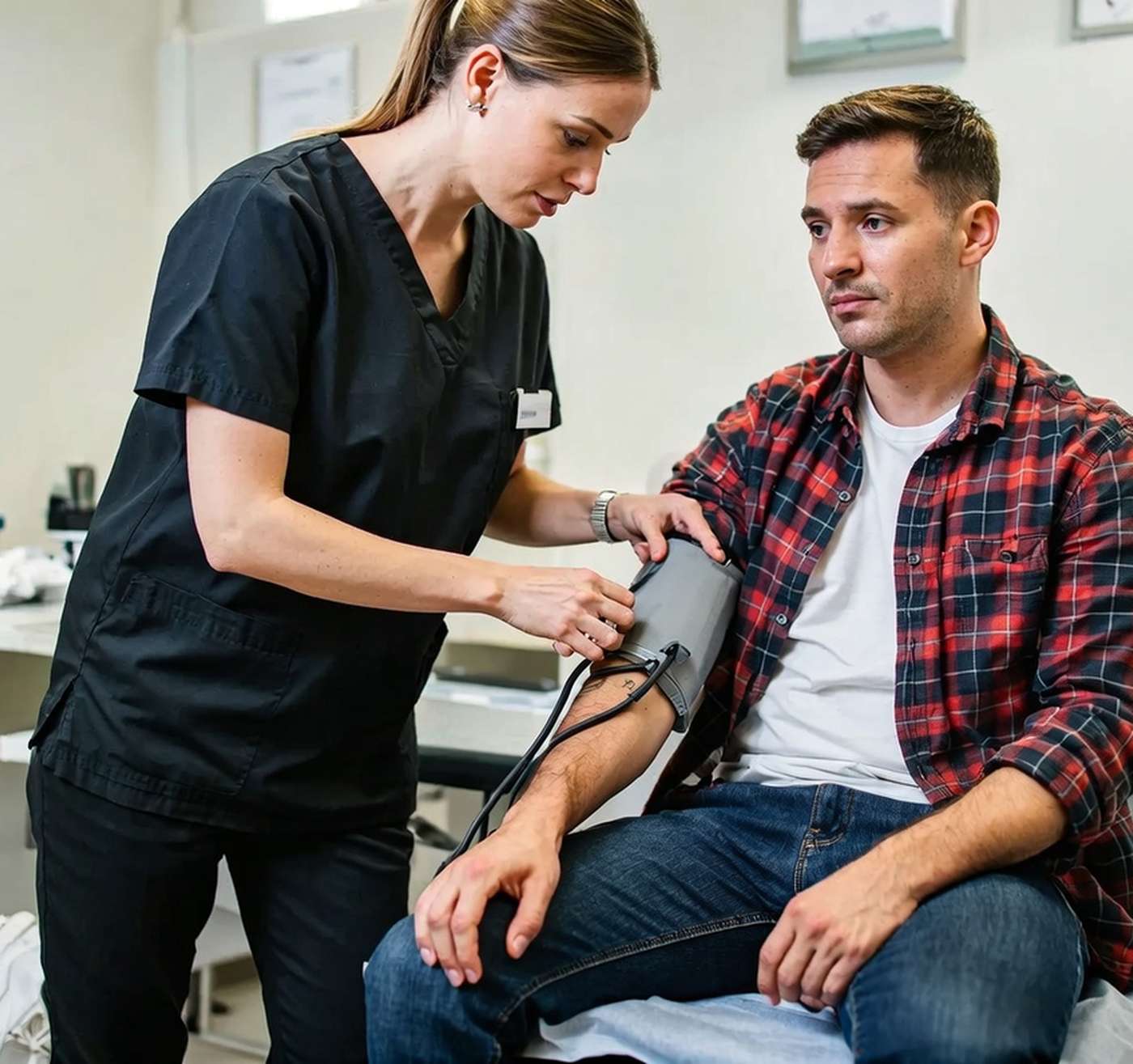 clinic scope of care occupational health nurse taking patient blood pressure at onsite clinic