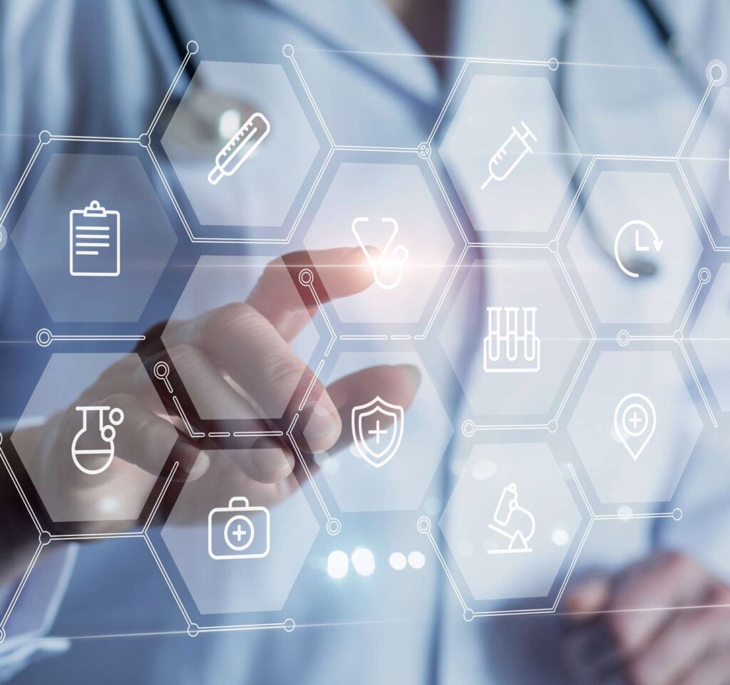 clinic clinically rigorous approach physician touching digital healthcare technology interface with medical icons