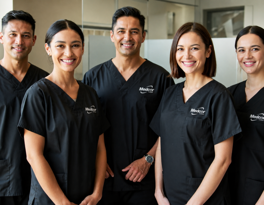 Medcor Canada clinic team of five occupational health nurses smiling in black scrubs